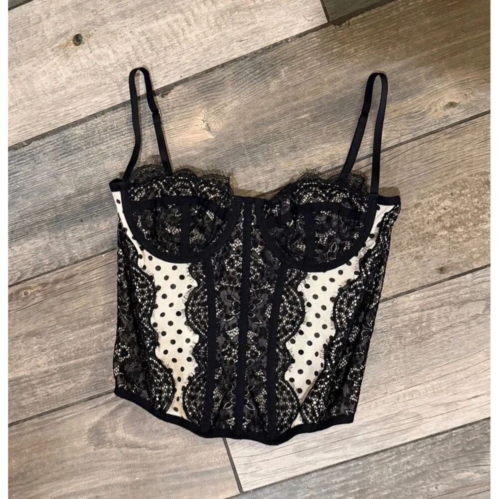 Urban Outfitters Out From Under Modern Love Corset Black Polka Dot Lace